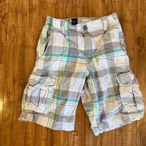 GAP Boys Green White Plaid Cargo Shorts Adjustable Waist Size 12